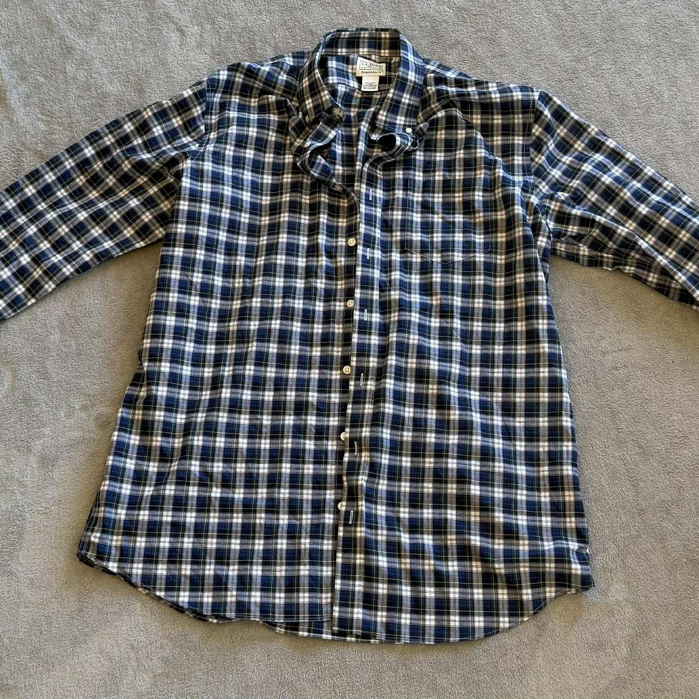 L.L. Bean Navy and White Plaid Button-Down Shirt